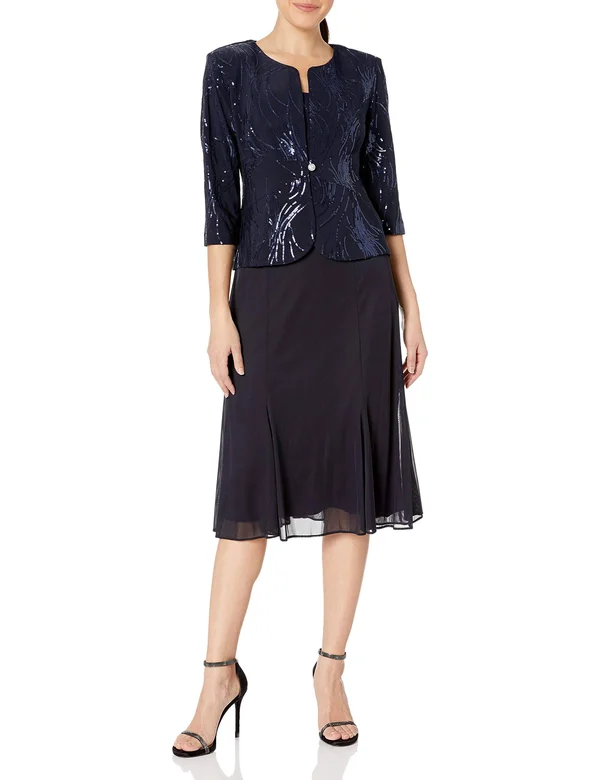 Alex Evenings Plus Size Sequined Chiffon Dress and Jacket - 14W - Navy