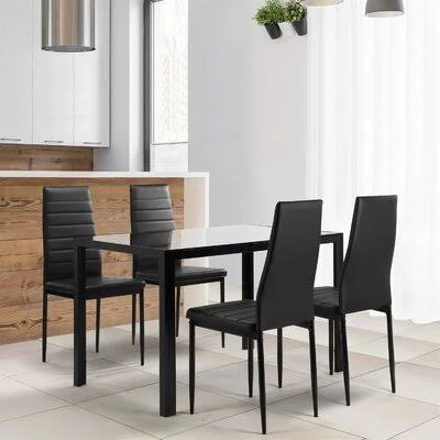 5 Pieces Dining Table Set for 4, Kitchen Room Tempered Glass Dining Table, 4 Faux Leather Chairs Latitude Run