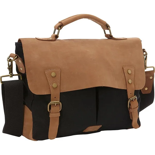 Vagabond Traveler Casual Style Cowhide Leather Cotton Canvas Messenger Bag