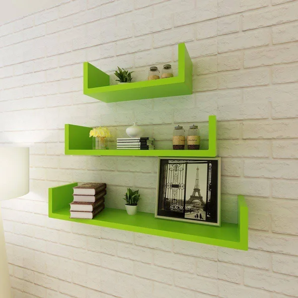 vidaXL 3 Green MDF U-Shaped Floating Wall Display Shelves Book/DVD Storage