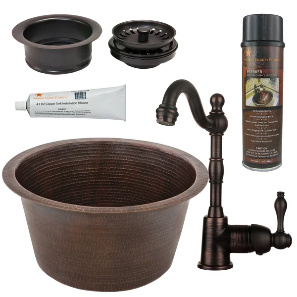 Premier Copper Products 17x22 Round Hammered Copper Bar/Prep Sink, Faucet & Accessories Package