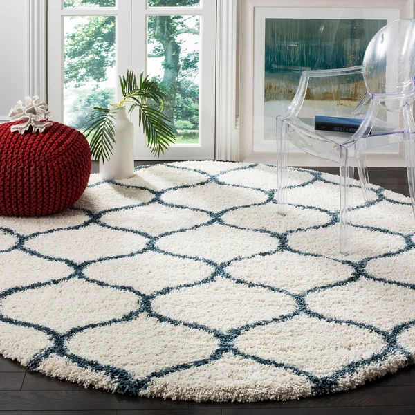 Safavieh Hudson Shag Antigoni Moroccan Ogee Trellis 2-Inch Thick Rug - 9& x 9& Round - Ivory/Slate Blue