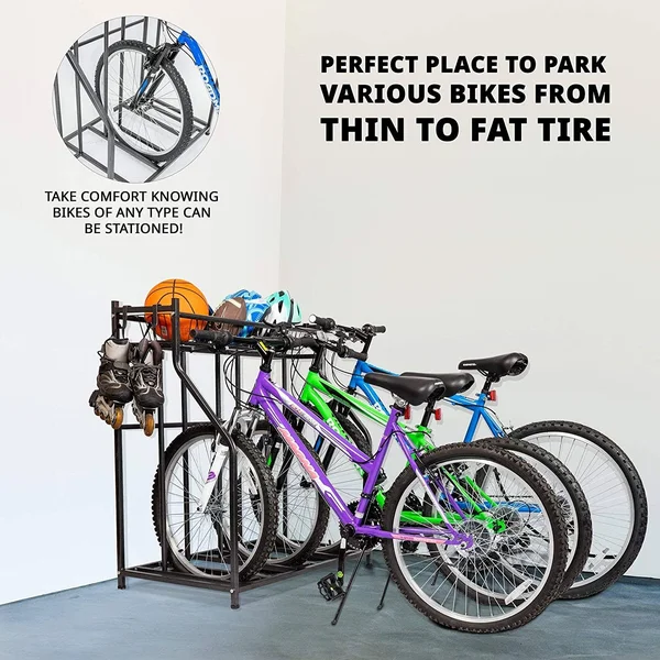 RaxGo 3 Bicycle Floor Parking Stand - Free Standing Bike Rack & Sports Storage Organizer for Garage