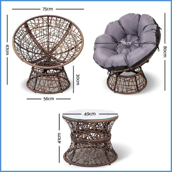 Gardeon Papasan Chair and Side Table Set - Brown