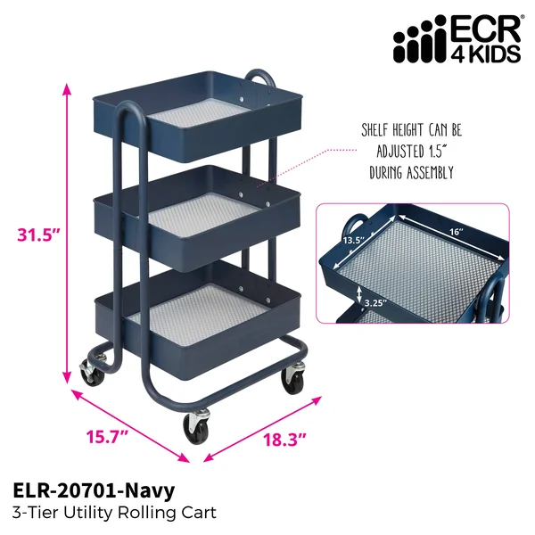 Ecr4kids 3-Tier Utility Rolling Cart - Navy