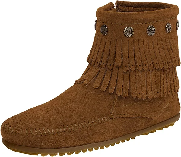 Minnetonka Side Zip Double Fringe - Brown Suede 12