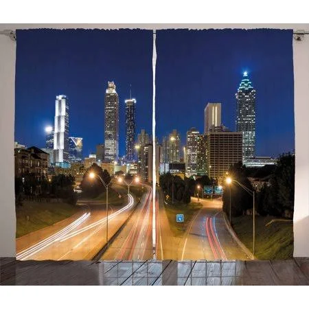 Urban Curtains 2 Panels Set, Image of Atlanta Skyline Twilight with Highway Buildings Skyscrapers Blurred Motion, Window Drapes