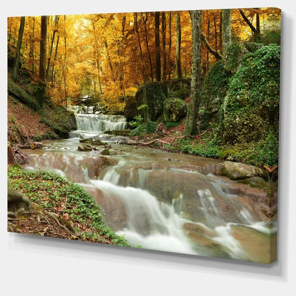 Designart Forest Waterfall with Yellow Trees Landscape Canvas Art Print - 4 Panels - 61471340018