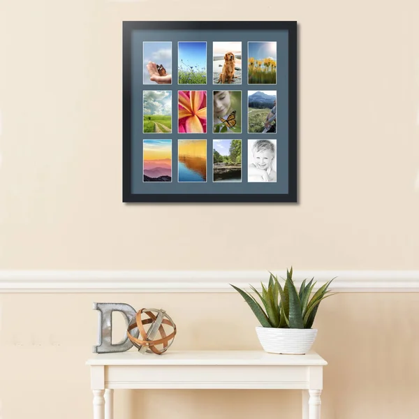 Collage Picture Frame - Satin Black Frame with 12 openings for 4x6 Photos with Dutch Blue Mat. D3926FE228, ArtToFrames