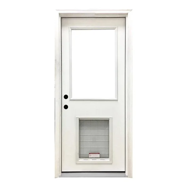 Steves & Sons 32 in. x 80 in. Classic Clear Half Lite RHIS White Primed Fiberglass Prehung Back Door with SL Pet Door