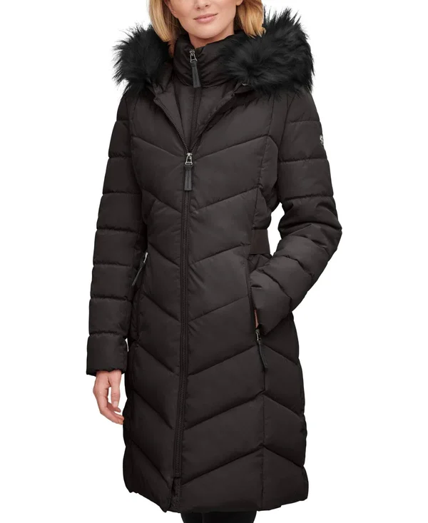 Calvin Klein Faux-Fur-Trim-Hooded Puffer Coat, Created for Macy&s - Black