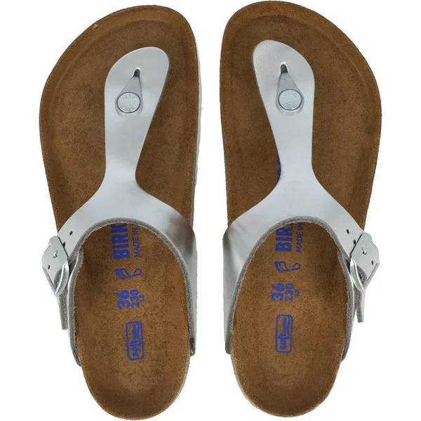 Birkenstock Gizeh Natural Leather Metallic Silver Thong Sandals