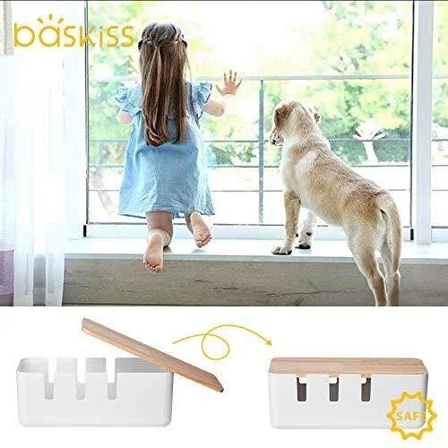 Cable Management Box by Baskiss, 12x5x4.5 Inches, Wood Lid, Cord Organizer for Desk TV Computer USB Hub System to Cover and Hide