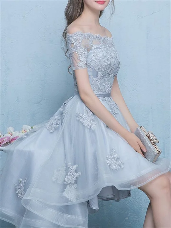 Blue Lace Elegant Floral Off Shoulder High-Low Cocktail Dress Gray - L