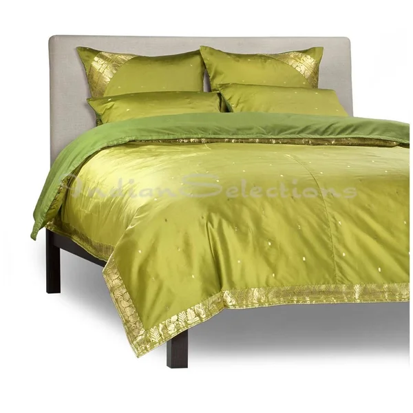 Olive Green-5 Piece Handmade Sari Duvet Cover Set with Pillow Covers - Euro Sham