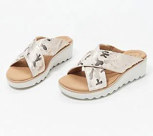 Clarks Collection Wedge Slide Sandals - Jillian Gem, Size 7-1/2 Wide, Ivory Camo