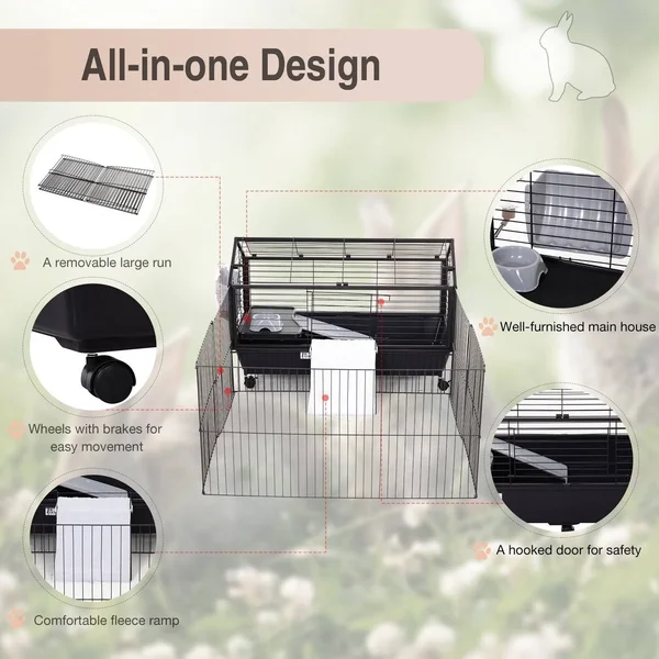 PawHut Rolling Metal Rabbit, Guinea Pig, or Small Animal Hutch Cage with Main House and Run