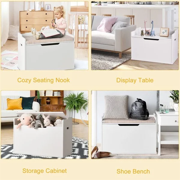 Costway Wooden Toy Box Kids Storage Chest Lift Top Bench Seat w/ Cushion Red/White