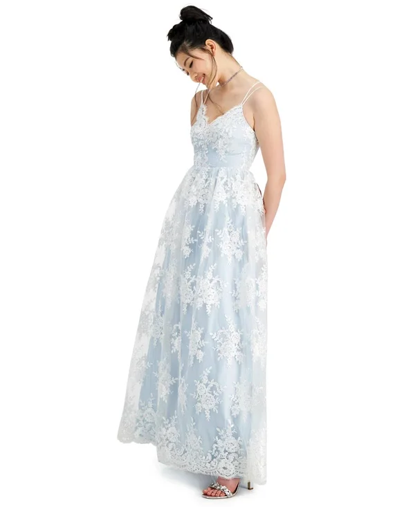 Say Yes to The Prom Juniors& Embroidered Mesh Gown - Created for Macy&s - Powder Blue/White