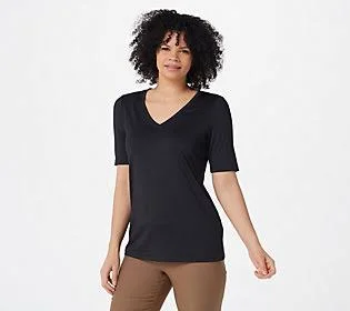 Susan Graver Modern Essentials Butterknit Elbow -Sleeve Top - Size 1X, Black