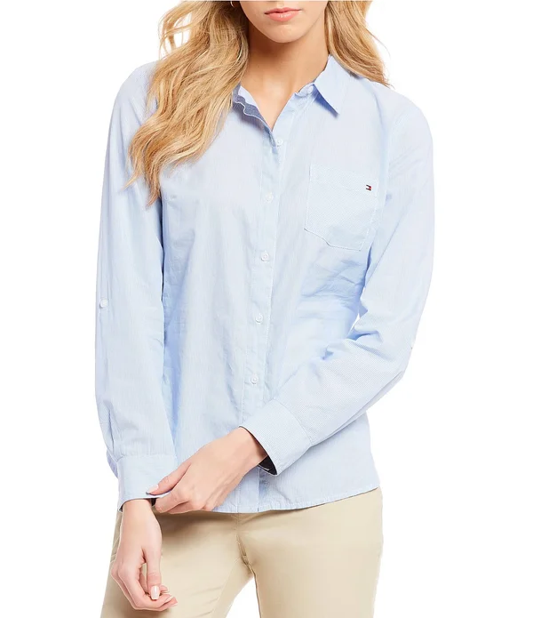 Tommy Hilfiger Women's Cornell Stripe Roll Tab Button Down Shirt - Cornflower Blue - XL