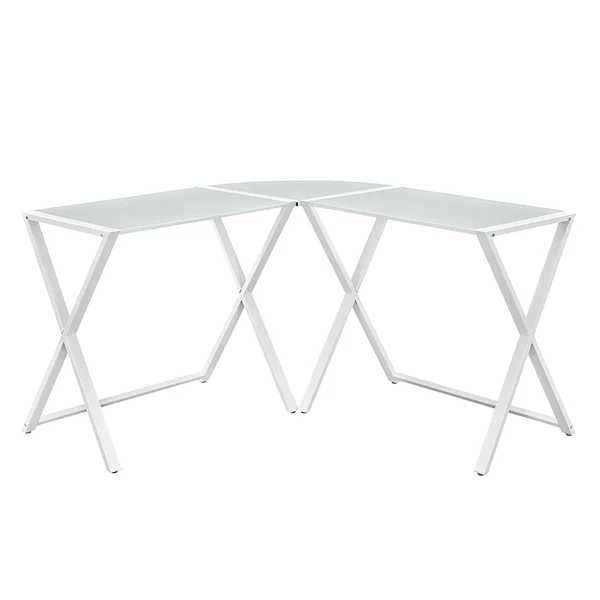 Walker Edison X-Frame Glass Metal L-Shaped Computer Desk-White/White