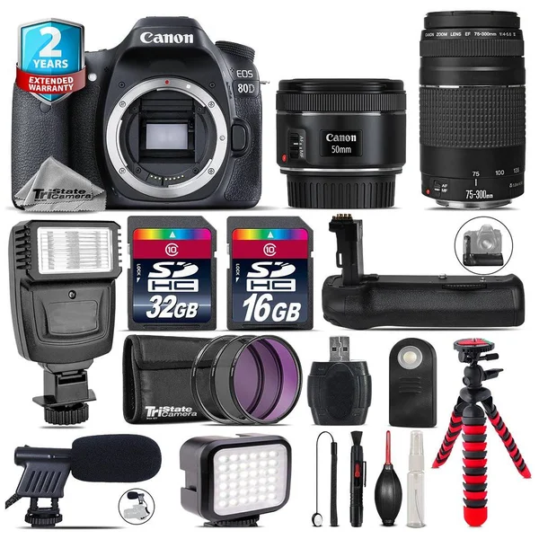 Canon Eos 80D DSLR + 50mm f/1.8 Is STM + 75-300mm III + LED Kit + Flash + 48GB CANE80DKKQ02