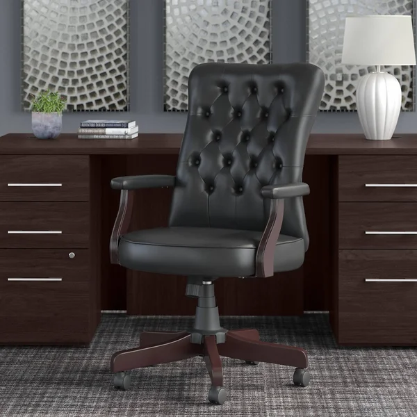 Bush Business Furniture Arden Lane High Back Tufted Office Chair with Arms - Black Leather