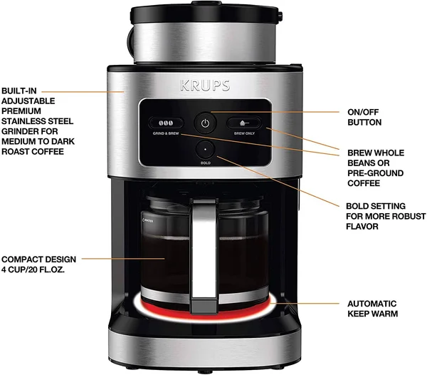 Krups Km550d50 Personal Café Grind Drip Coffee Maker, 4 Cups, Silver