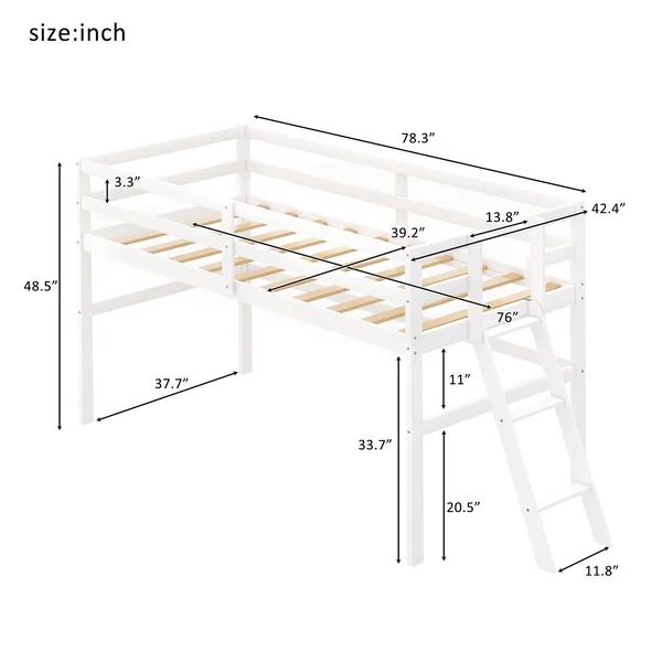 Wooden Twin Size Low Loft Bed with Ladder - White
