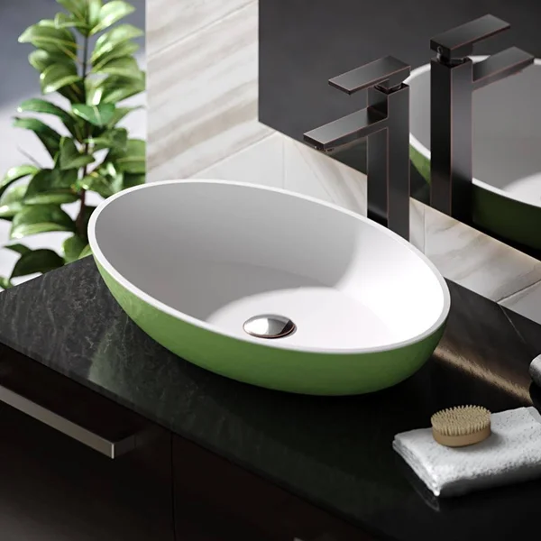 Rene R11-5001-SGE-R9-7003 Stone Composite Oval Vessel Sink with Faucet - Sage - Brushed Nickel
