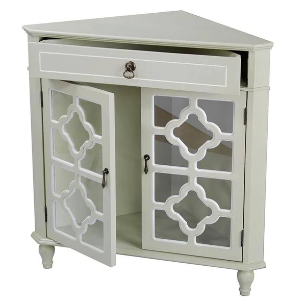 Light Sage Wood Clear Glass Corner Cabinet with A Drawer and 2 Doors