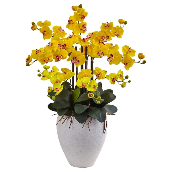 Nearly Natural Phalaenopsis Orchid with White Planter - Yellow