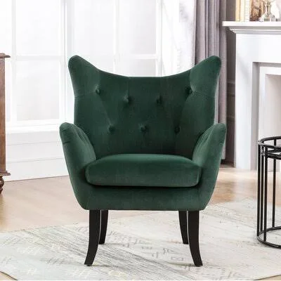 Velvet Wingback Accent Chair Armchair Modern Tufted Button Vanity Chair with Wooden Legs for Living Room Bedroom Everly Quinn Fa