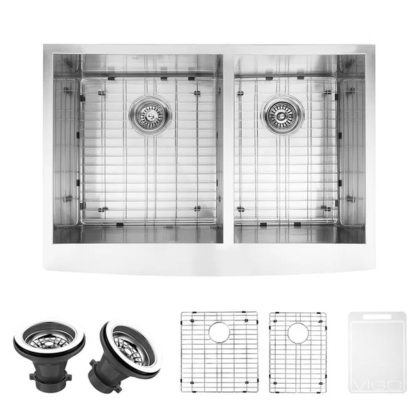 VIGO 33-inch Farmhouse Stainless Steel Kitchen Sink - Two Grids and Two Strainers