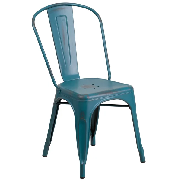 Distressed Metal Indoor-Outdoor Stackable Chair - Kitchen Furniture - Kelly Blue-Teal