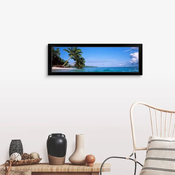 Palm Trees on The Beach, Indonesia, Black Framed Wall Art, 36x12, Great Big Canvas