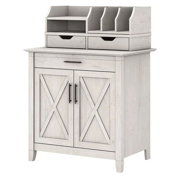 Bush Furniture Key West Secretary Desk with Storage and Desktop Organizers, Linen White Oak