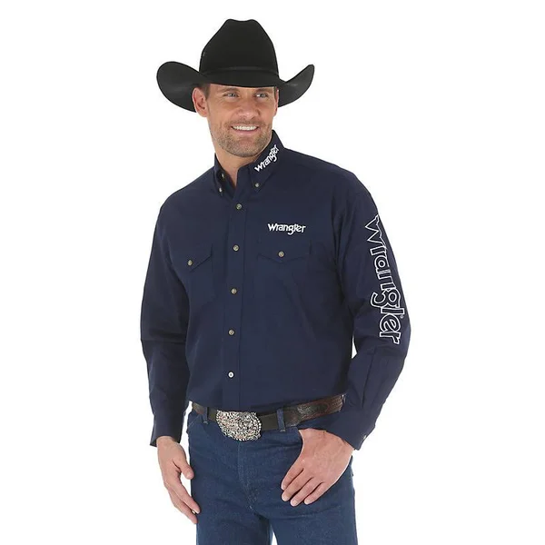 Wrangler Men's Logo Long Sleeve Button Down Solid Shirt (Size: Medium) Dark Blue