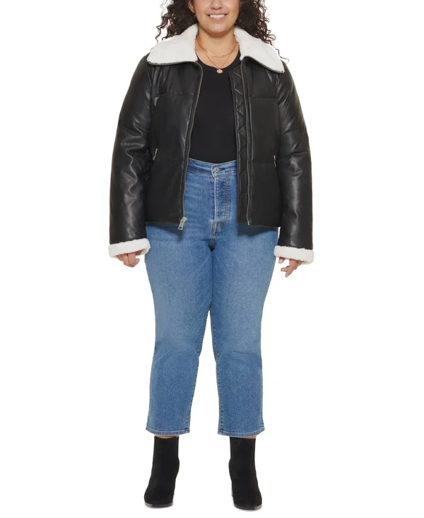 Levi&s Trendy Plus Size Sherpa-Trimmed Faux-Leather Puffer Jacket - Black/Cream