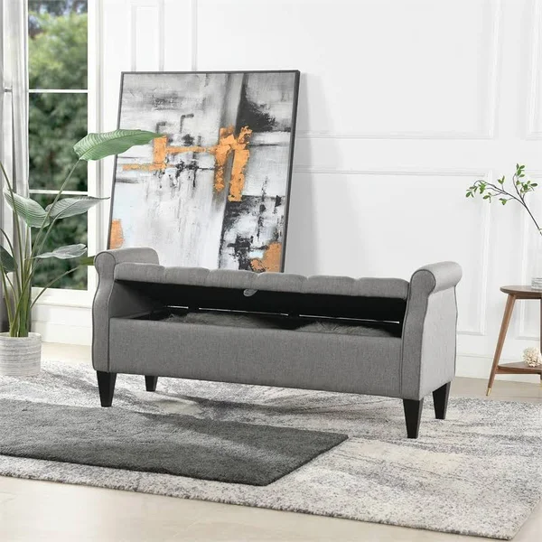 Jacqueline Flip Top Tufted Roll Arm Storage Bench Dark Heathered Grey