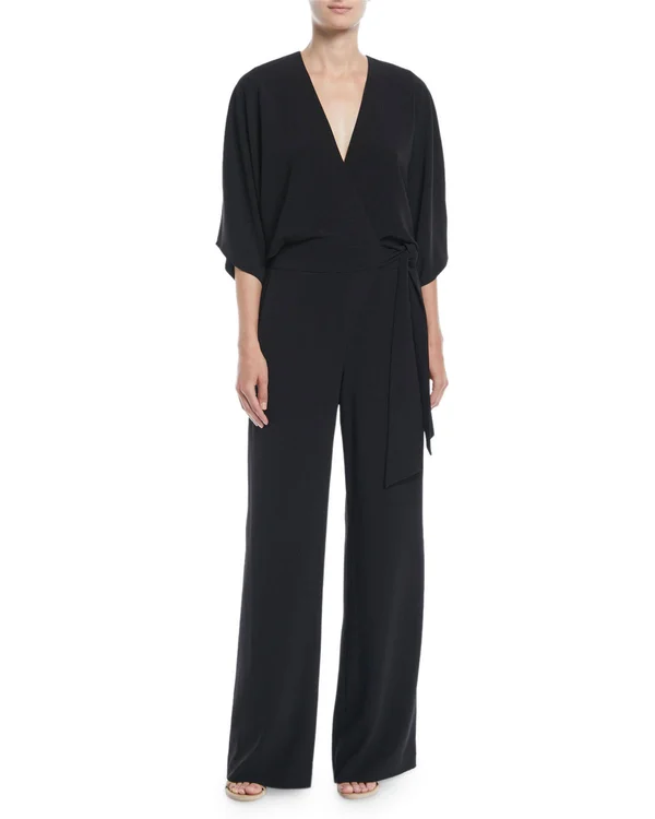 Halston Heritage Womens Wrap Wide Leg Jumpsuit Black 2