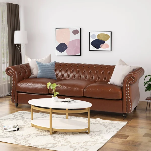 Noble House Somerville Chesterfield Tufted Sofa with Scroll Arms in Brown