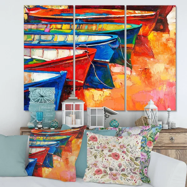 Designart &Boats in The Harbor During Warm Colourd Sunset II& Nautical & Coastal Canvas Wall Art Print - 36 in. Wide x 28 in