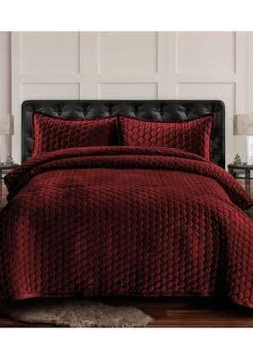 Tribeca Living Lugano Honeycomb Velvet Oversized Quilt Set - Red, Queen