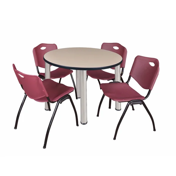 Regency Kee 42x22 Round Breakroom Table- Beige/ Chrome & 4 &M& Stack Chairs- Burgundy