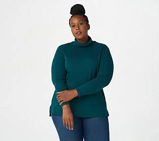 Isaac Mizrahi Live! Essentials Long-Sleeve Hi- Low Hem Turtle - Size 1X, Midnight Green