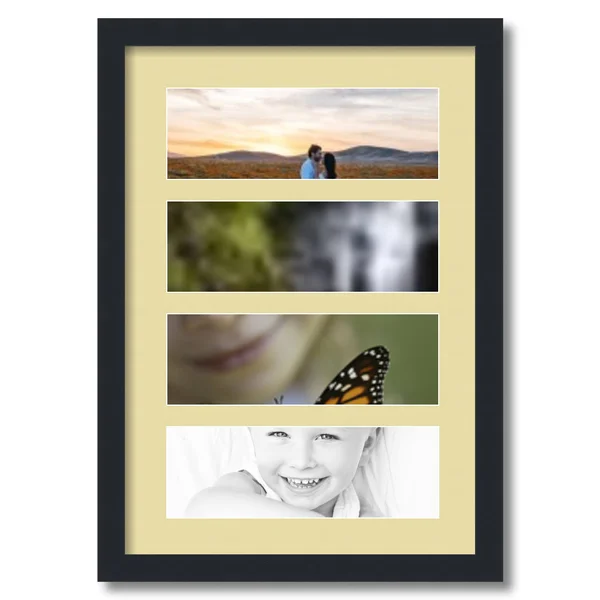 Collage Picture Frame, Satin Black Frame with 4 openings for 4x12 Photos with Ivory Buttercup Mat. D3926GD268, ArtToFrames