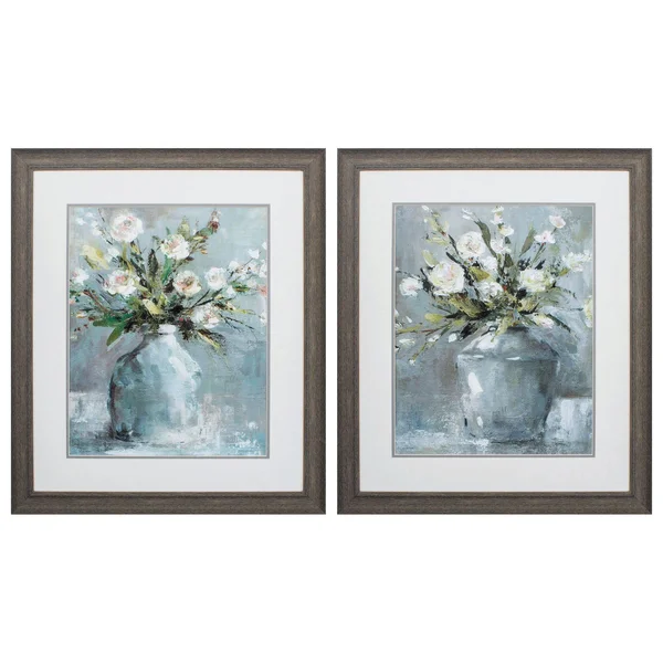 Set of 2 Gray and Green Country Bouquet Wall Art Decoration 24x22 x 28x22