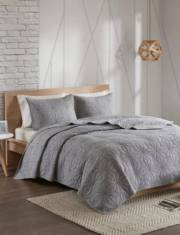 Urban Habitat - Caden 3 Piece Cotton Coverlet Set - Grey - Full/Queen